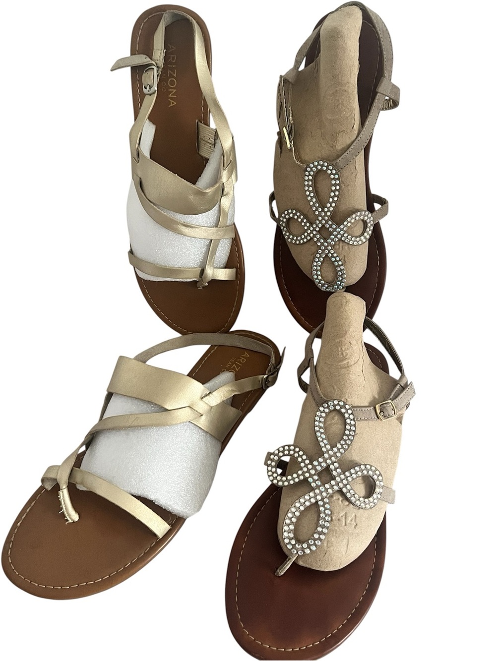 Arizona Jean Company Gold and Brown Jeweled T-Strap Women's Sandals size 10